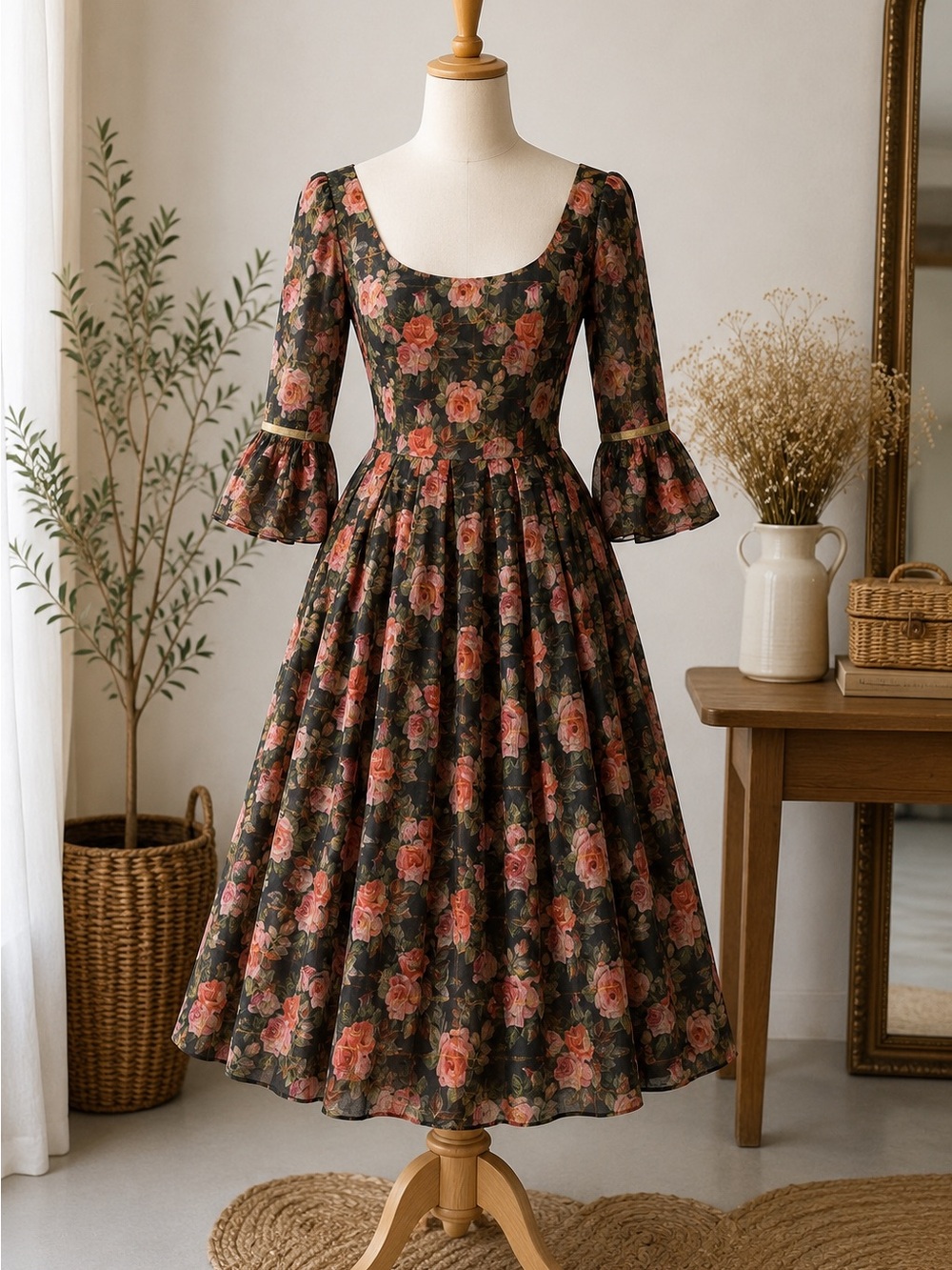 Vintage 70s handmade floral prairie romantic dress one of a kind